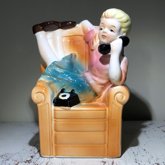 Vintage kitsch Girl on Phone Planter/Vase
